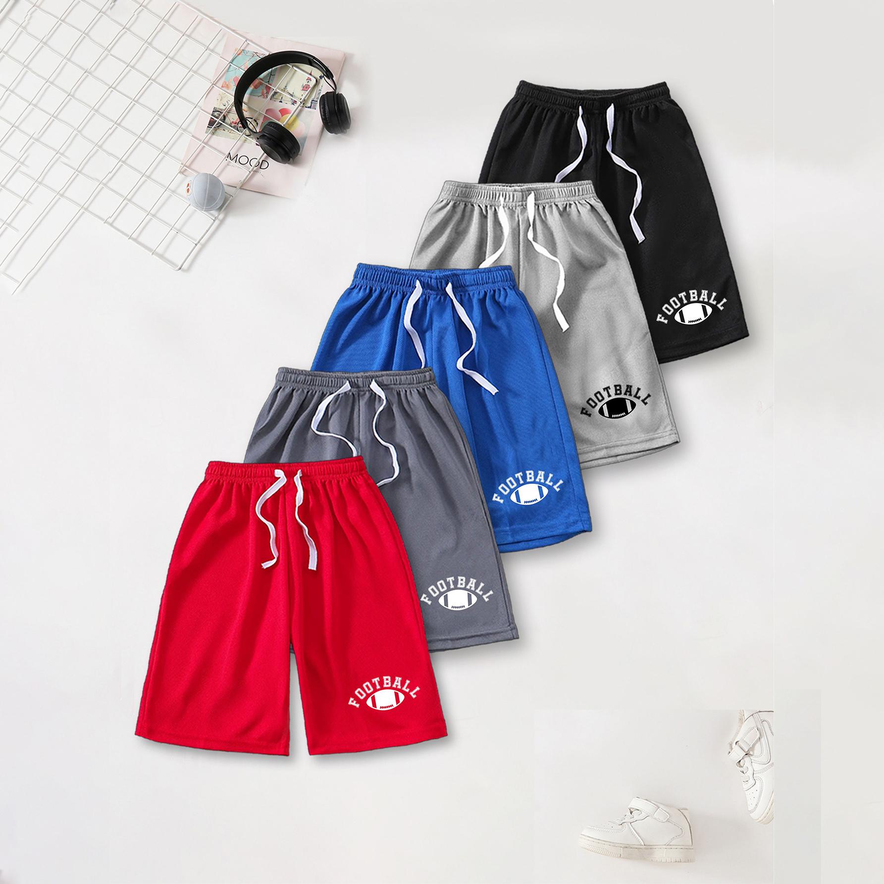 Boys Sports Shorts | Curved FOOTBALL Text With Rugby Ball Print | 5 Colors Elastic Waist 120 чёрный/синий