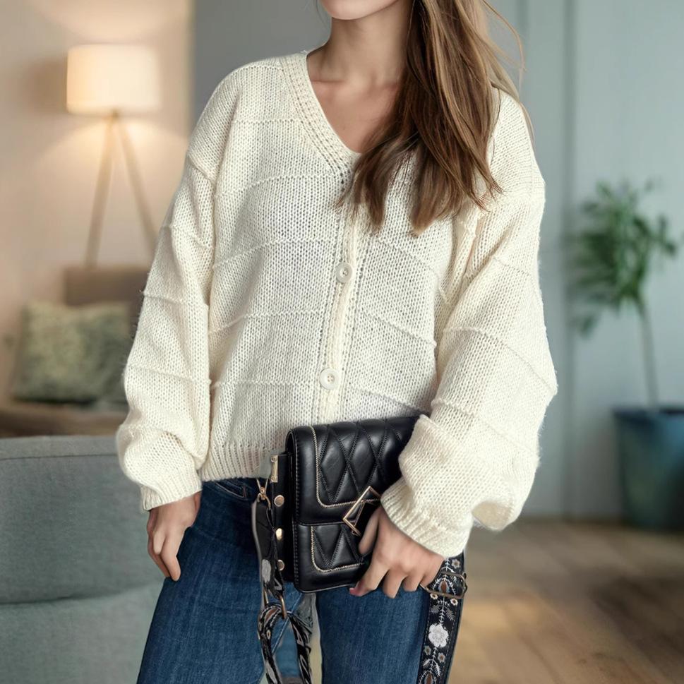 Autumn New Casual Loose Top Pink Outer V-neck Long Sleeved Women's Knitted Sweater Cardigan 3606