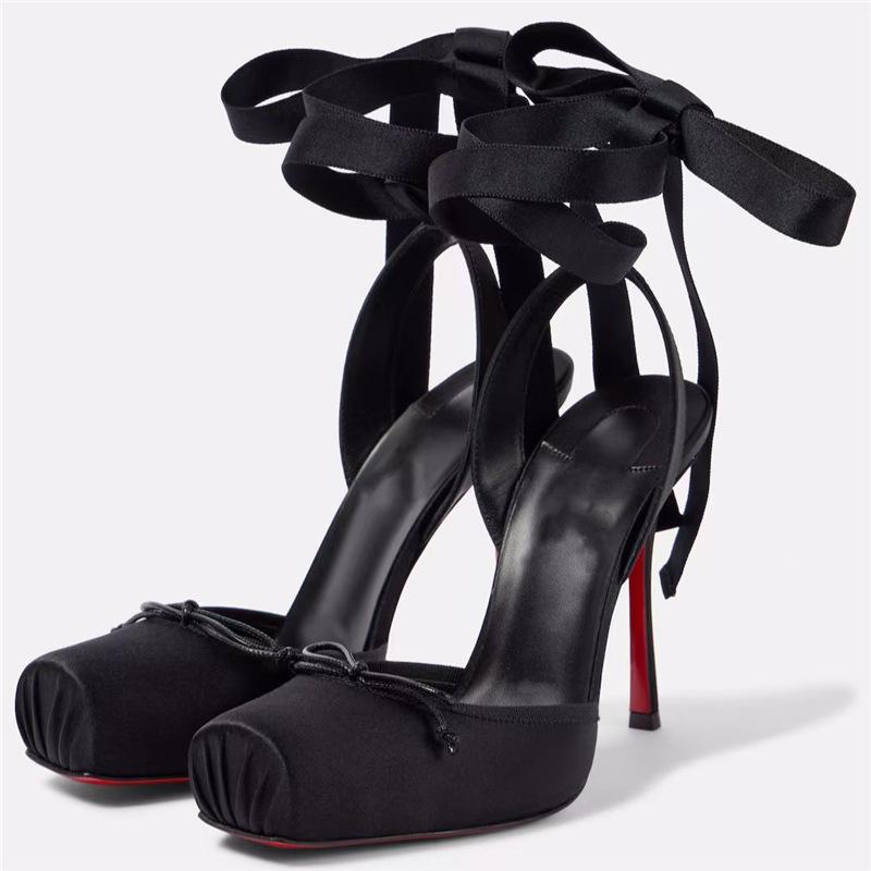 Chengdu leather-soled women's shoes fashion runway satin ribbon bag head waterproof table thin heel ballet bow sandals