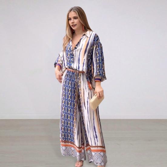 

Yousheng 2 Pcs/Set Women Casual Outfit Lapel Single-breasted Long Sleeve Shirt High Waist Wide Leg Striped Trousers Bohemian Beach Casual Clothes XL синий