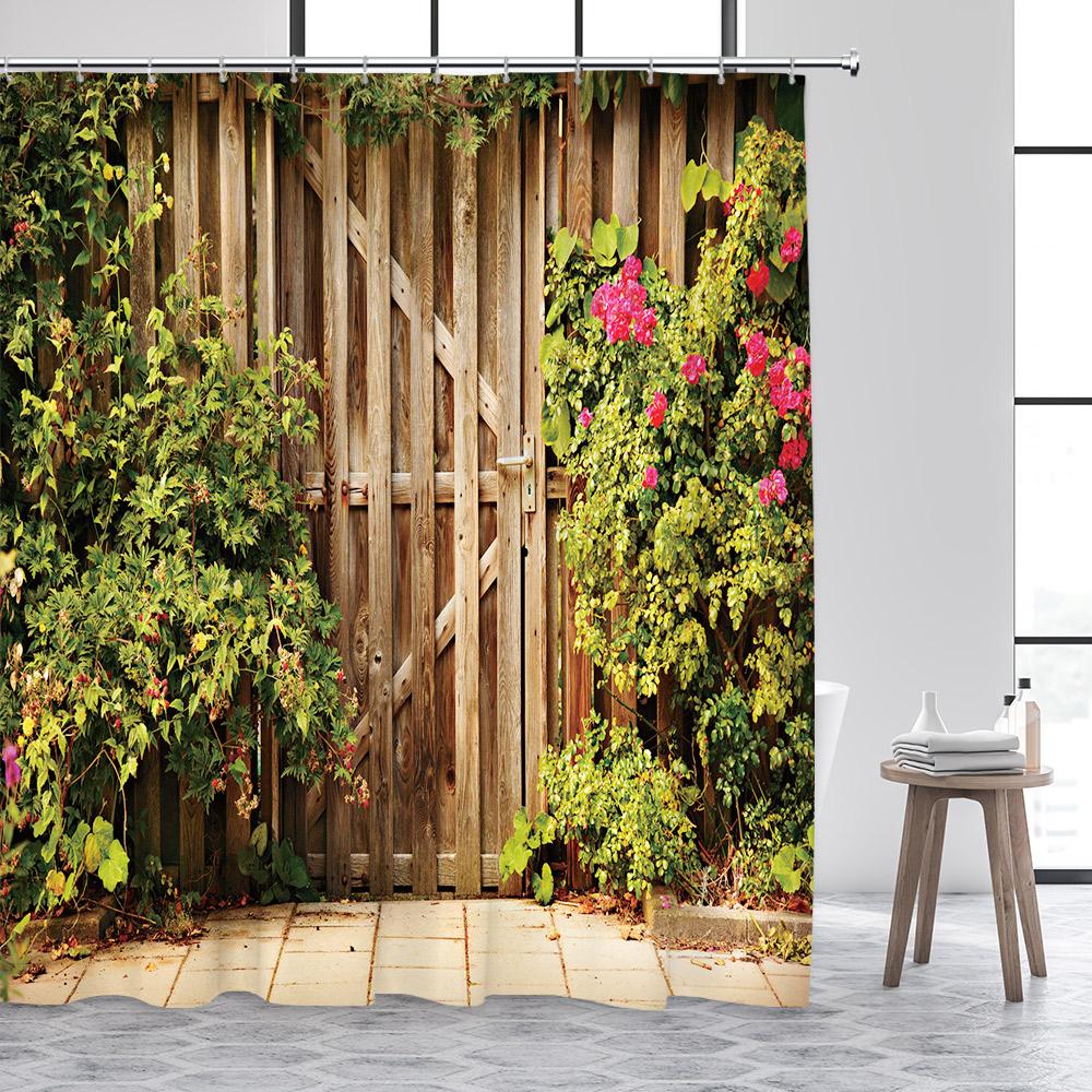 Rustic Fence Flowers Shower Curtains Pink Rose Floral Plant Garden Scenery Wall Hanging Fabric Bathroom Curtain Decor With Hooks