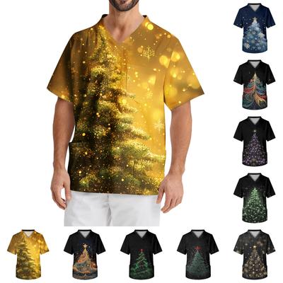 Men's Printing Short Sleeve V-neck Working Blouse Chest Pocket Carer Top