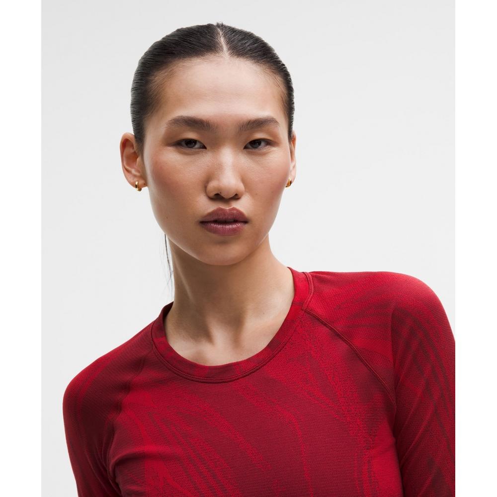 Lululemon Lunar New Year Swiftly Tech Long Sleeve Shirt 2.0  Waist Length Swirling Plumes Oxford Red Burgundy Bay