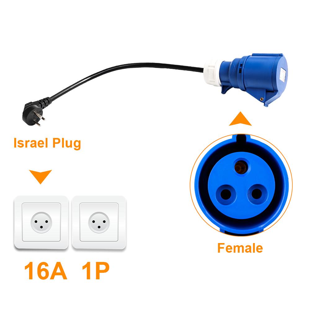 EV Charger CEE Female Plug 3Pins Adapter Waterproof Connection WallMount Socket 32A 1Phase 7KW Schuko / Israel Plug 0.5M Cable