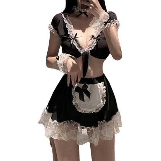 1 Set Crop Top Contrast Color Shirring Deep V Neck Bow-knot Ruffle Cosplay Maid Style