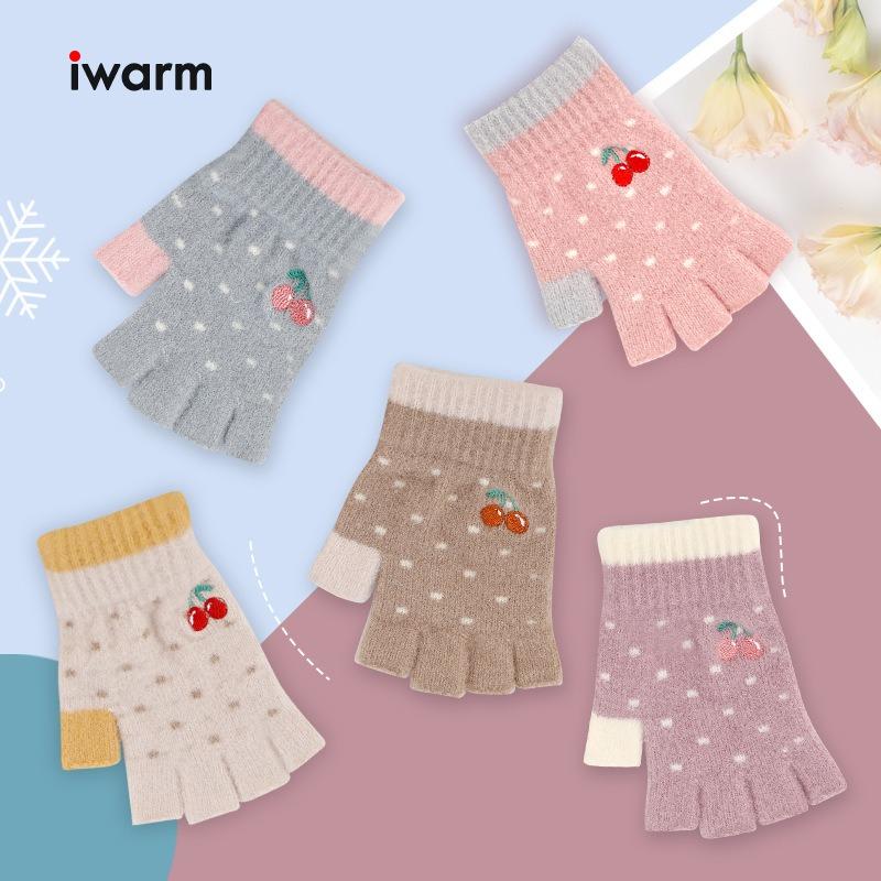 New half-finger gloves women's winter cold protection and warmth dew finger cartoon embroidery cherry warm work writing gloves