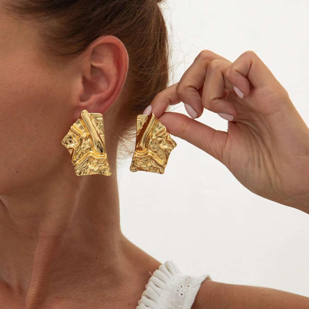 IngeSight.Z Irregular Pleated Gold Color Stud Earrings Women Vintage Geometric Wedding Aesthetic Ear Accessories Jewelry New