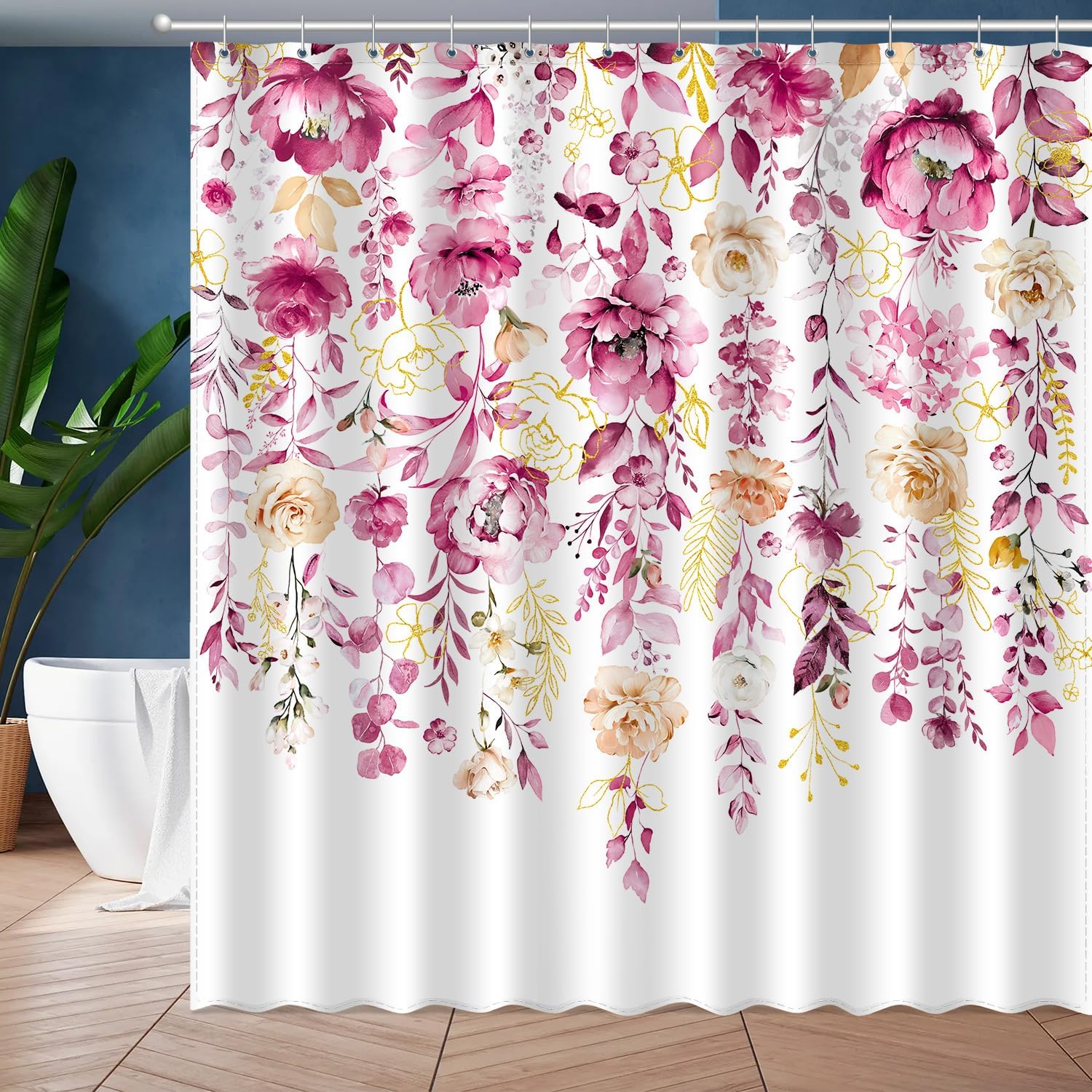 Textile Article Light Watercolor Rose Floral Leaf Shower Curtain, Flower Botanical Leaves Modern Aesthetic Art Bathroom Decor, Polyester Fabric Bath