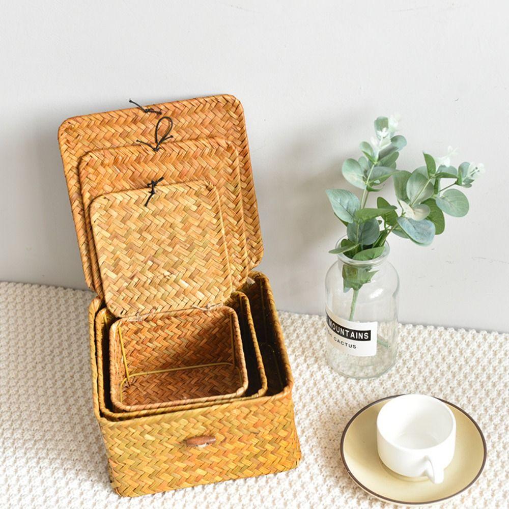 Seagrass Basket with Lid Wicker Storage Basket Handwoven Decor Organizer Flat Storage Bins Woven Boxes for Desk Shelf Small Items Home