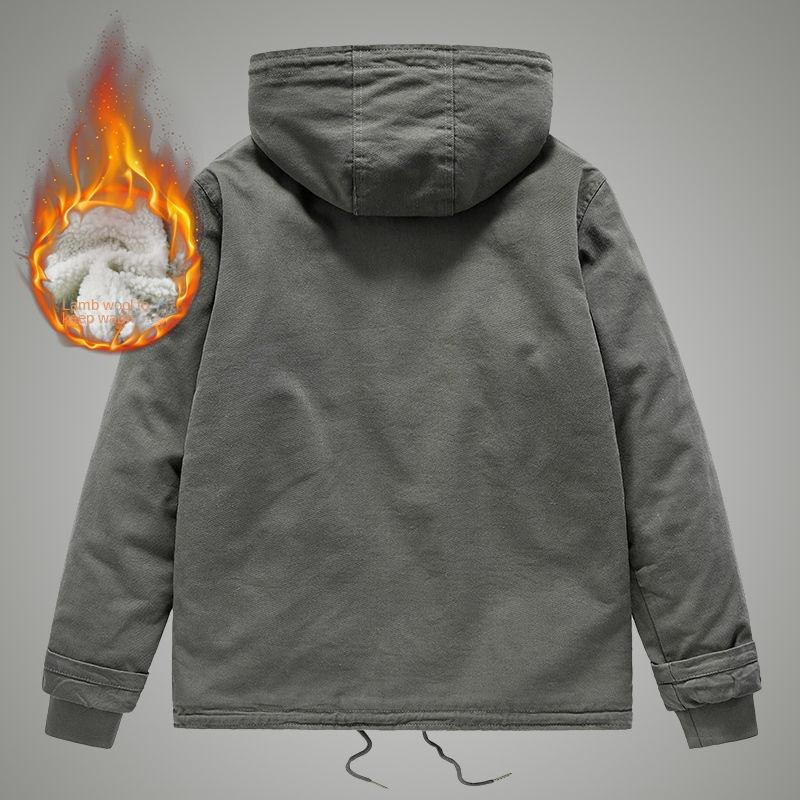 Jacket Men's Spring and Autumn Hooded Fleece Warm Outdoor Casual Jacket Loose Large Size Dad Padded Jacket