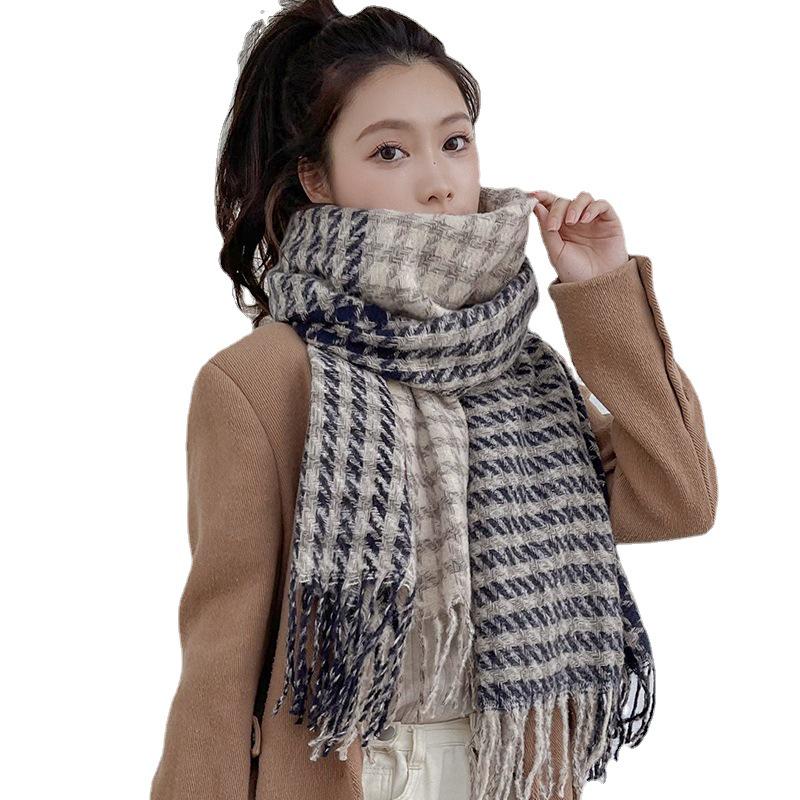 Women's Houndstooth Winter Scarf 2025 - Double-Sided Plaid Tassel Shawl, Thick, Warm, Fashionable Neck Warmer