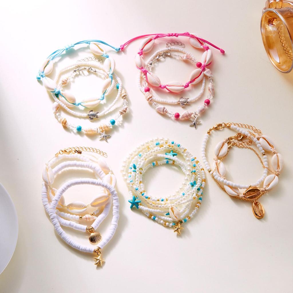 Bohemian Multilayer Rice Bead & Shell Anklet Set