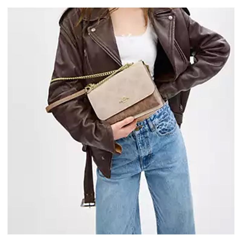 Coach Klare 21 Gold Hardware Coated Canvas Crossbody Shoulder Bag Small Women's Sand and Tan