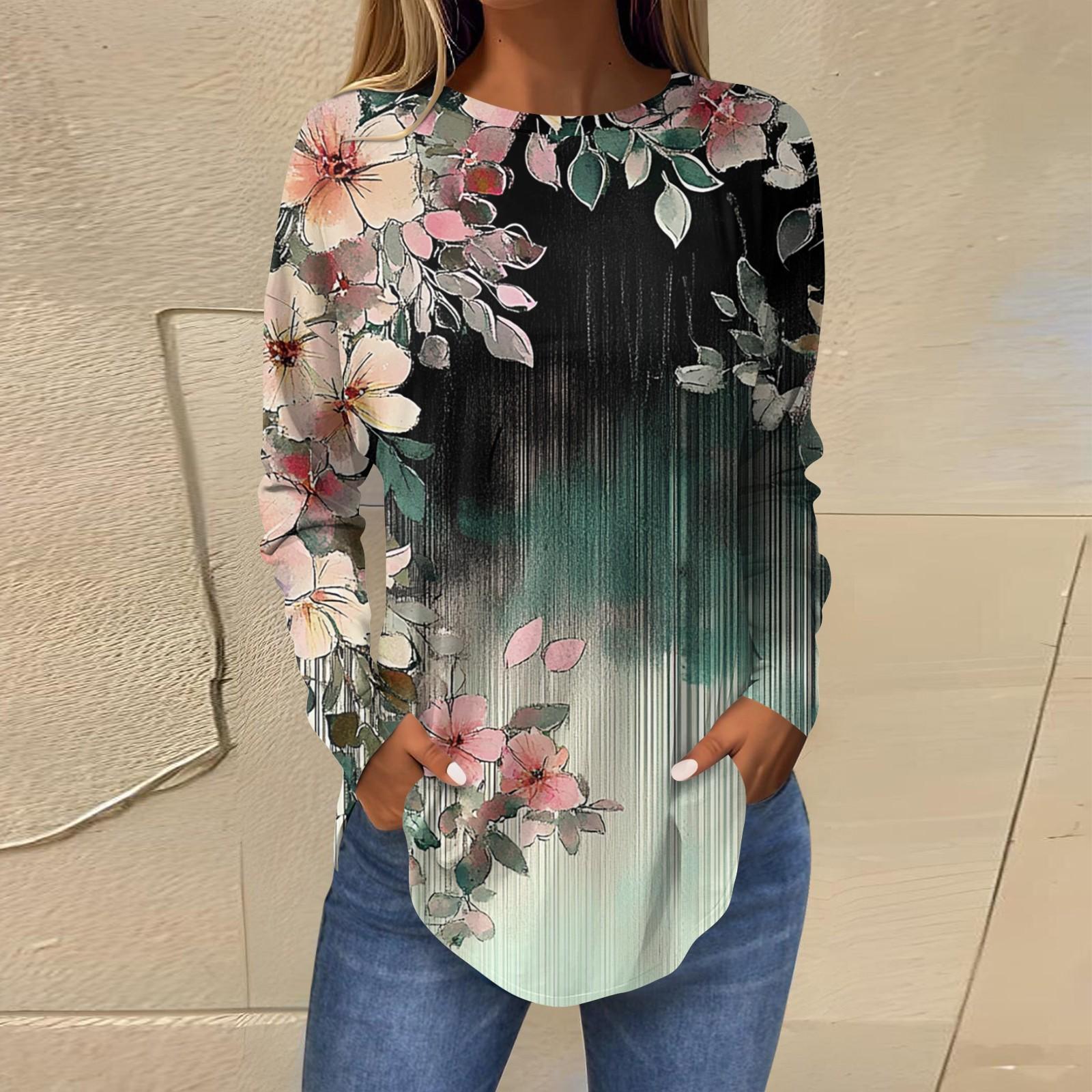 

Женская свободная футболка с длинным рукавом с круглым вырезом и принтом, верхний пуловер XL темно-зеленого