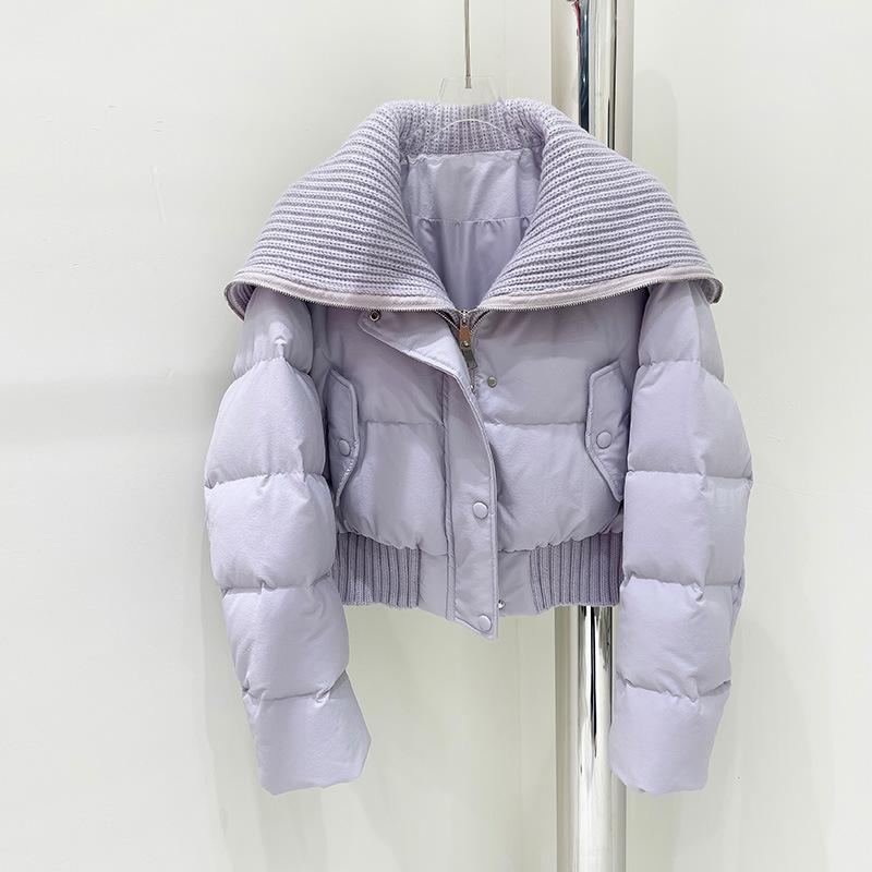 New down jackets for women in autumn and winter, ultra-short foreign style, large lapel neck, knitted splicing, white duck down jacket thickened