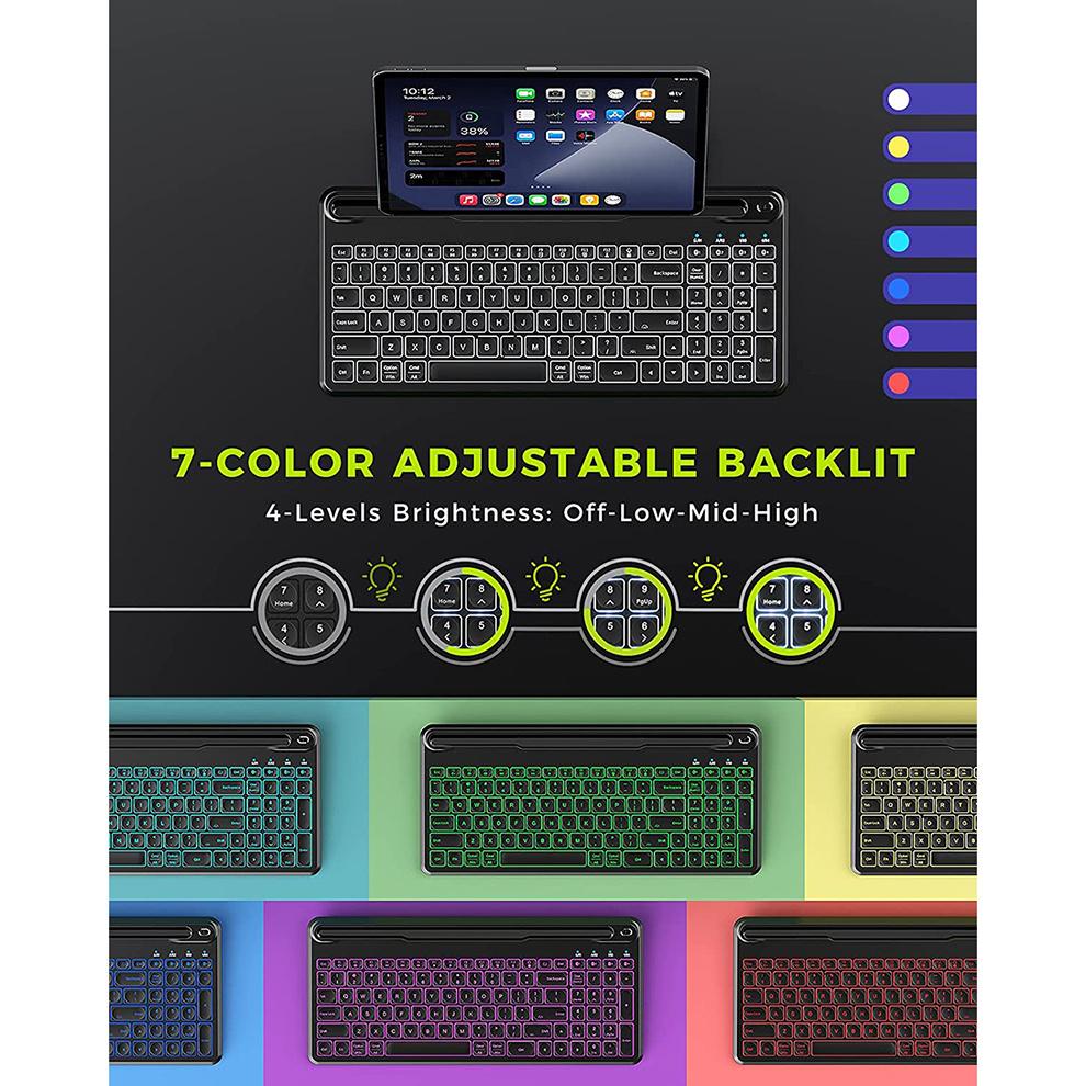 Jomaa 7 Colors Backlit Bluetooth Keyboard with Slot Card Rechargeable Wireless Keyboard Bluetooth Multi for Laptop Tablet Quiet