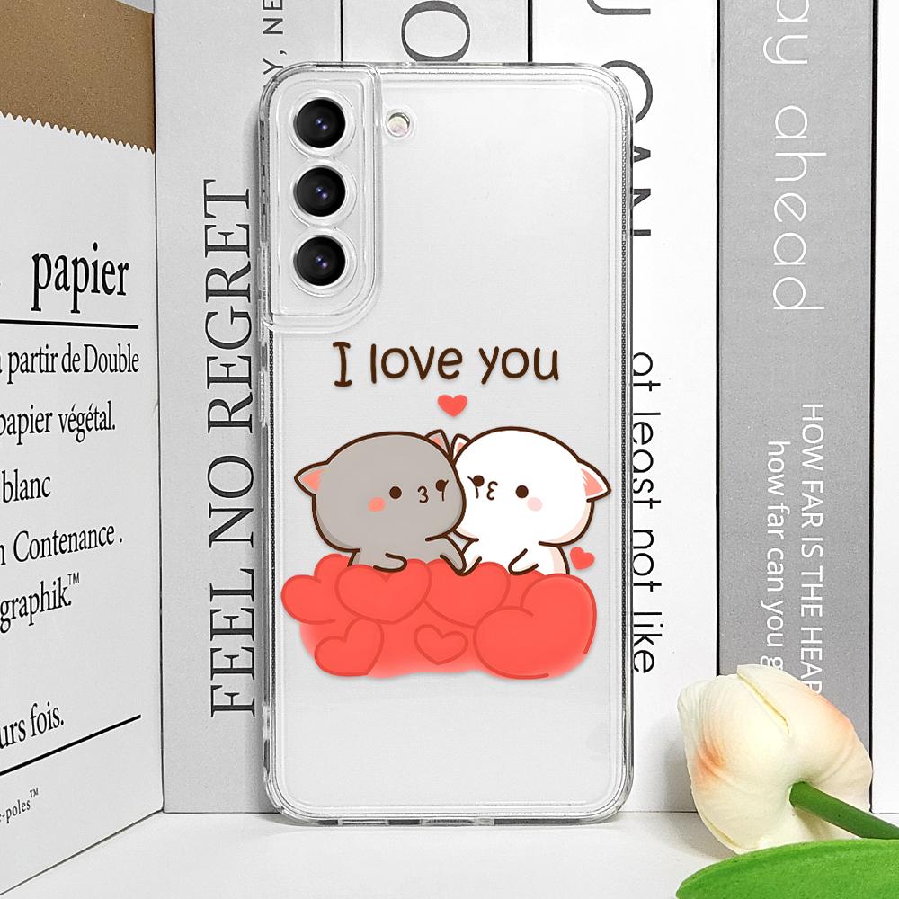 Funny Cartoon Peach Mochi Cat Phone Case for Samsung Galaxy S24 S23 S22 S21 S25 Ultra Plus FE 5G Clear Soft Covers Couple Fundas
