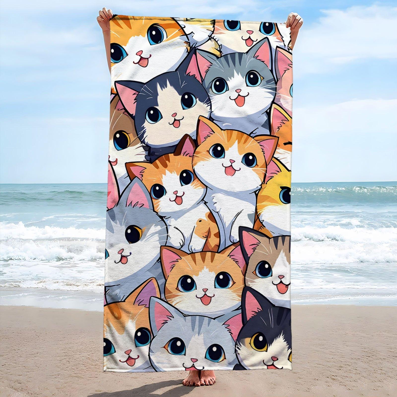 

1PC Kawaii Cat Print Beach Towel Quick-Dry Polyester Swim Towel Lightweight Soft Travel Towel For Beach Camping Unisex Gift W30*H60(CM)
