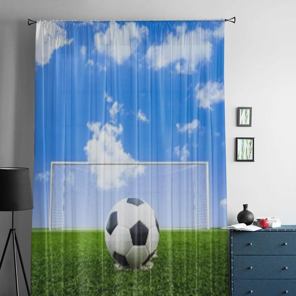 Soccer Ball On Green Grass Field Sheer Curtains For Living Room Kids Bedroom Tulle Curtains Kitchen Window Treatment Drapes