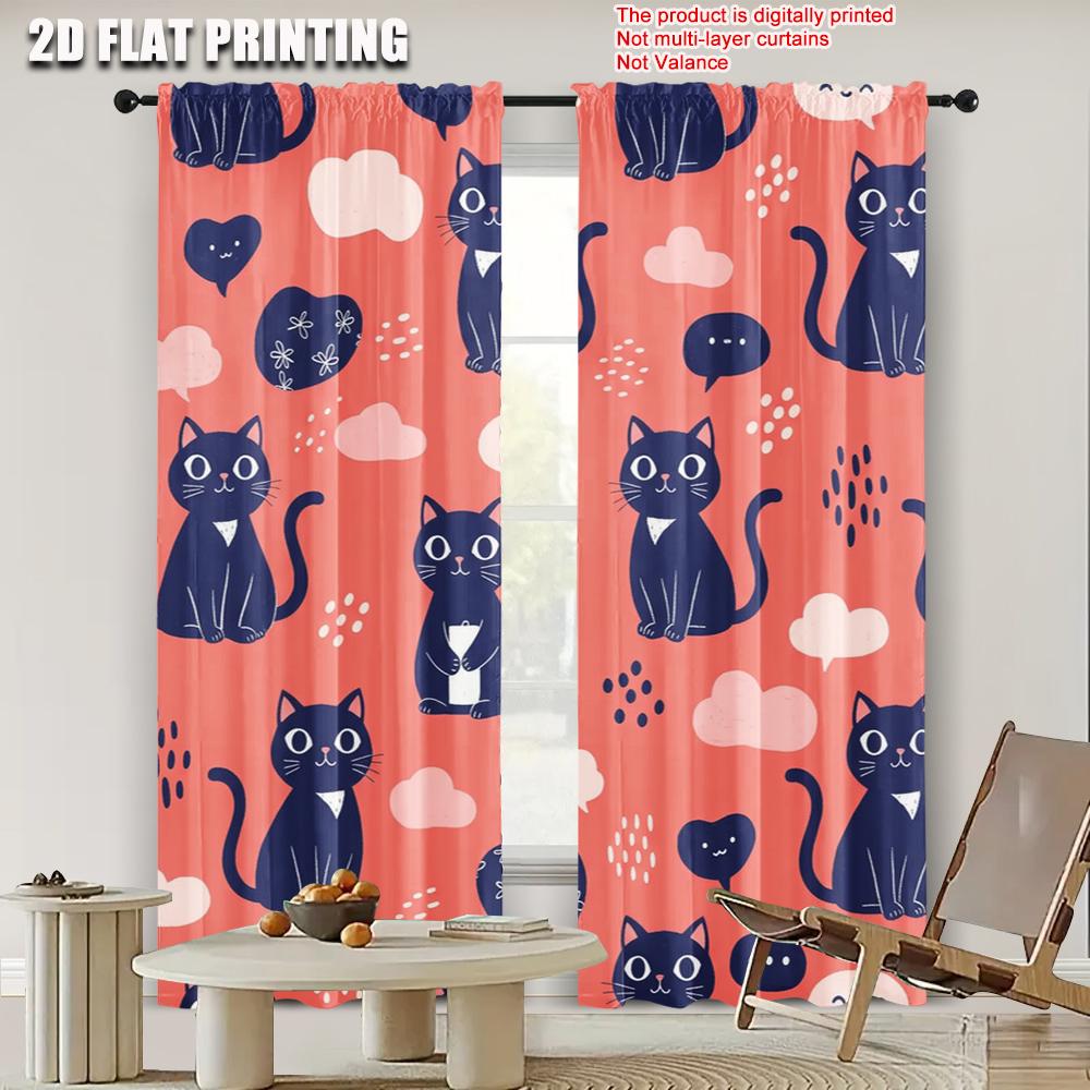 Set Of 2 Spring Summer Curtains Cute Cat Semi Versatile Durable Polyester Decorations Inside Use Digital Curtain With Light Filtering