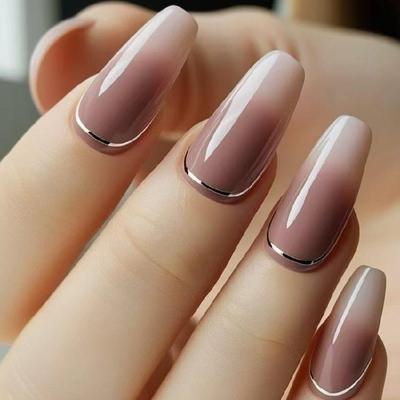24Pcs Coffin Press On Nail Glossy Design French Fake Nail Acrylic False Nail,Artificial Nail Glues On Nail for Womens