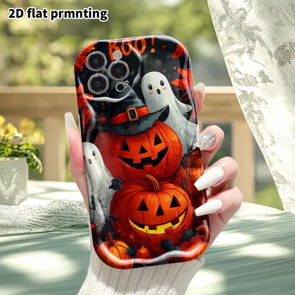 Phone Case: 2D Flat Design, Suitable for iPhone 18, 17, 16, 15, 14, 13, 12 Pro Protective Cases, Phone Decoration, Pumpkin and Two Ghosts, Halloween a