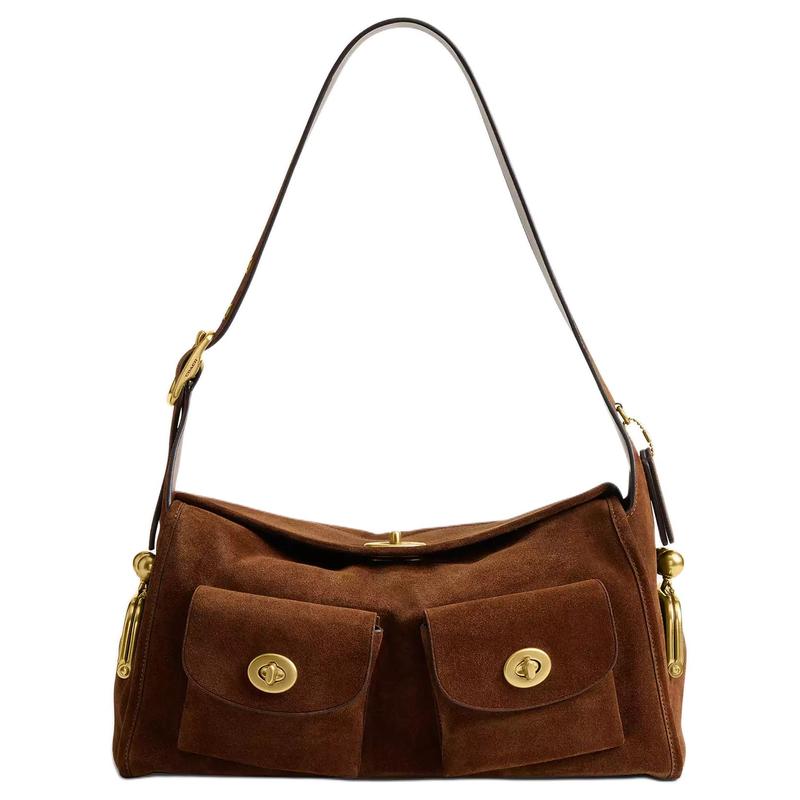 

COACH Originals 36 gold hardware suede and calfskin shoulder bag large women s warm brown золотий