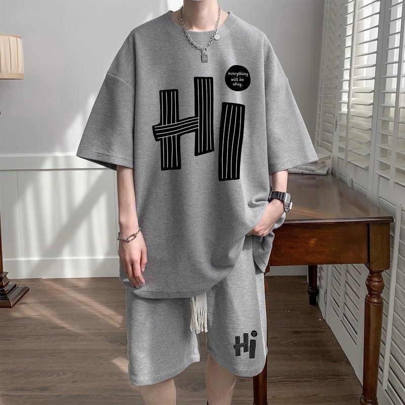 Casual Men's Summer T-Shirt Shorts Two-Piece Set Loose Fit Hong Kong Style Printed Plus Size Sportswear
