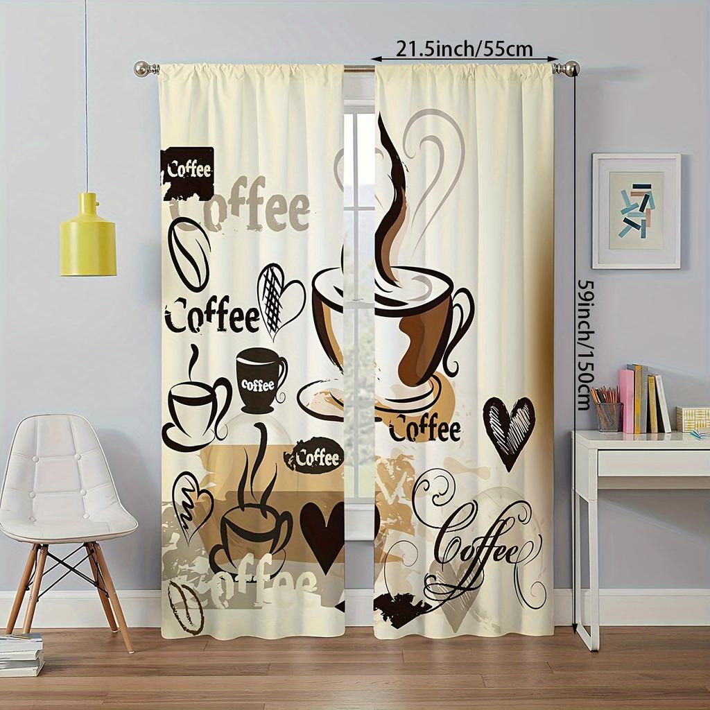 2Pcs Polyester Coffee Themed Printing Window Curtains Birthday Party Decoration Backdrop Drapes for Living Room