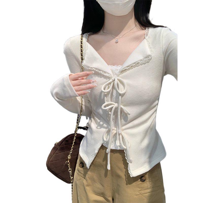 Miu Style Slim Lace-Up V-Neck Two-Piece Cinched Waist Long Sleeve Top