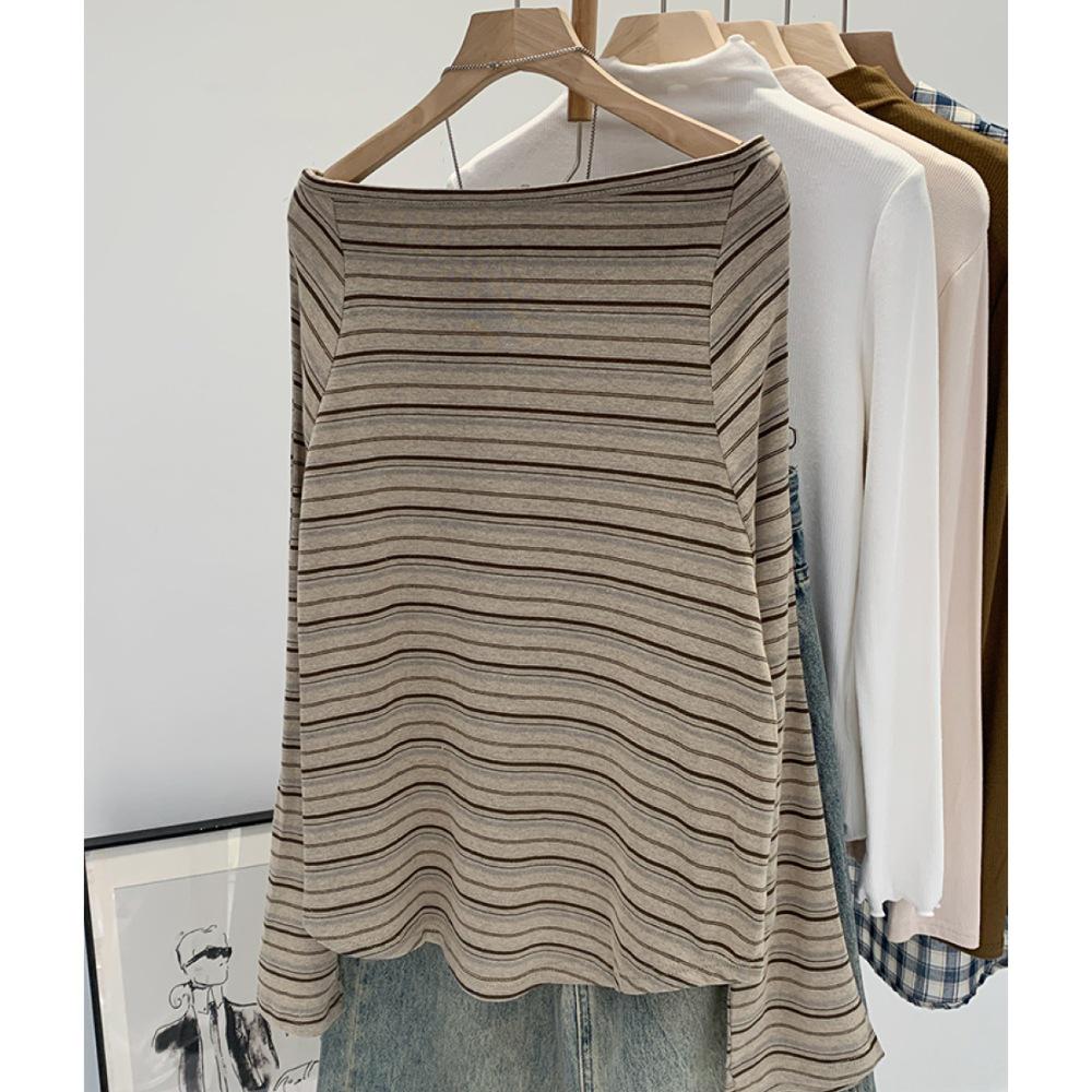 Autumn 2025 New Arrival: Women's High-End Korean Style Striped One-Shoulder Long-Sleeved T-Shirt
