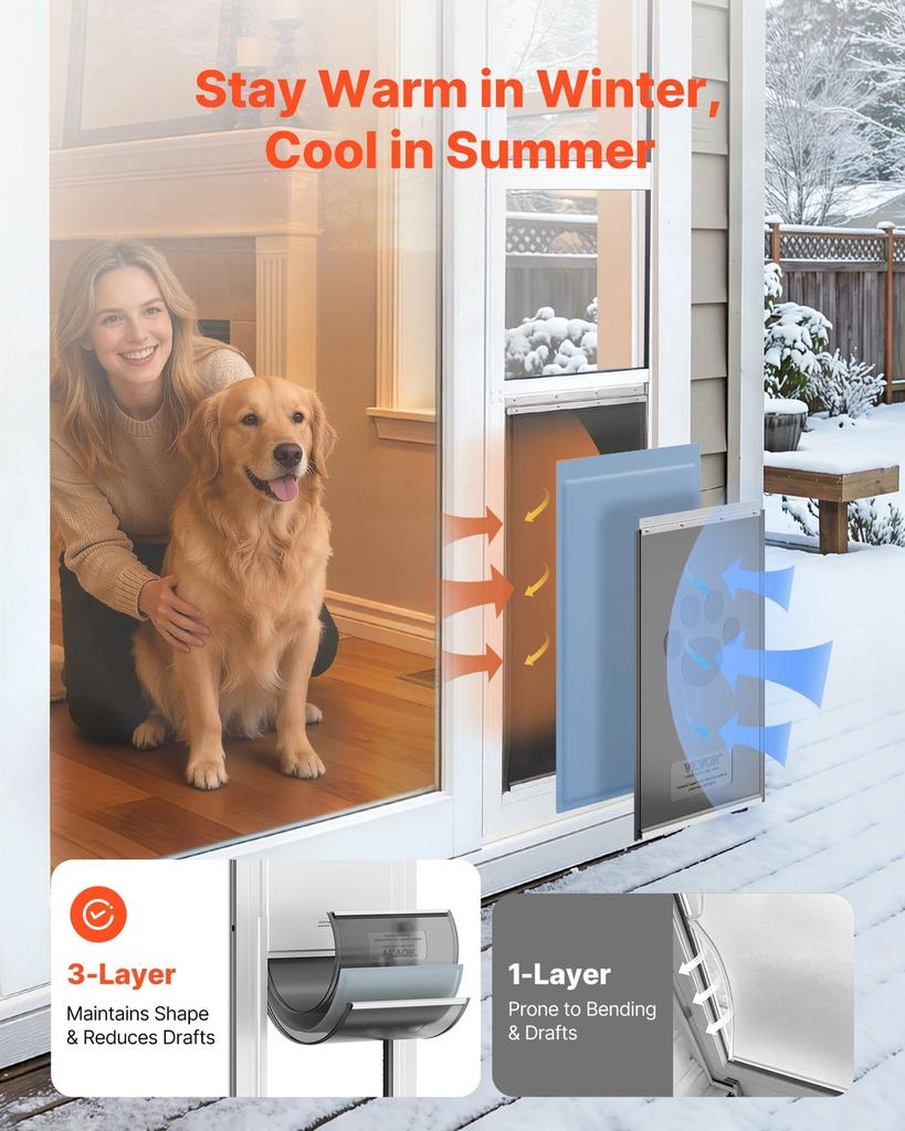 Dog Door for Sliding Glass Door, 1927 Mm To 2049 Mm Adjustable Height, Aluminum Alloy Frame with 3-Layer Flap and Rotating Hinge, for Extra