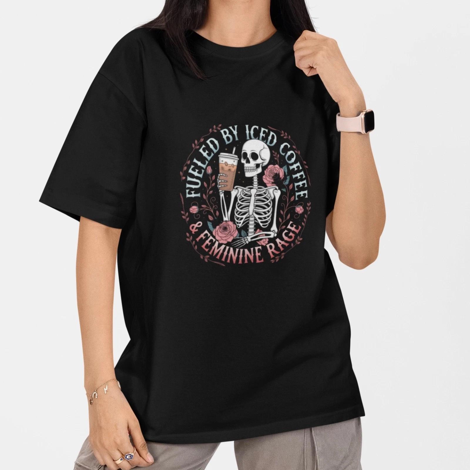 Fueled By Iced Coffee Feminine Rage Shirt Gothic Skeleton Tee S-5XL Cotton XL