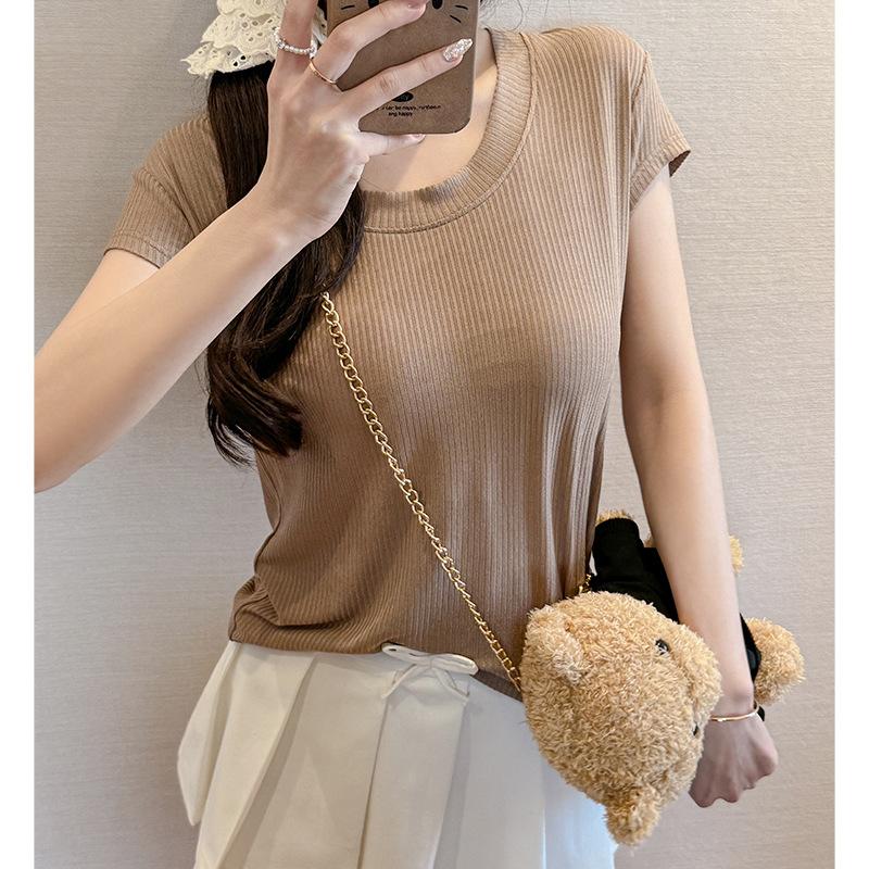 Round neck solid color loose lazy wind flying sleeves front shoulder short sleeves women slim and thin pure desire style high-end top