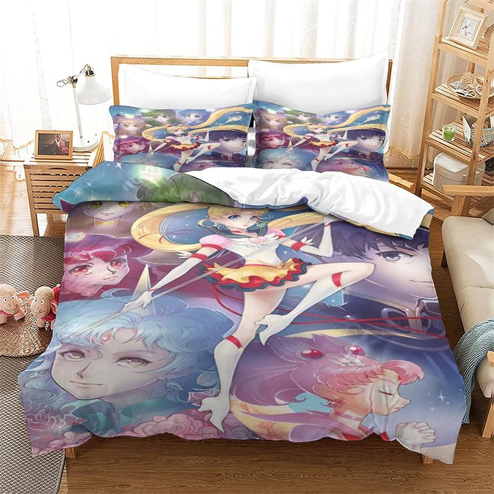 Kreslený S-Sailor-M-Moon Ložní set, Chlapecký a dívčí povlak na přikrývku, povlak na polštář, dárek, Domácí ložnicový quiltový set, Velký King 260x220cm