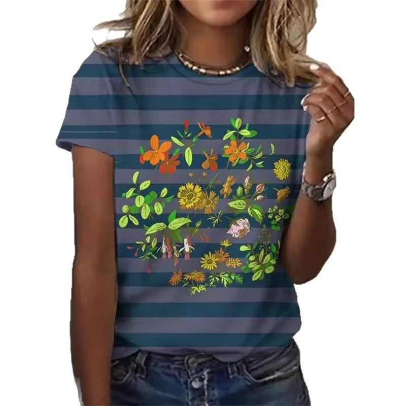 Women's T-shirt 3D Printed Casual Short Sleeved Flower Stripe Pattern Print O-Neck Top Fashionable Street Women's Clothing