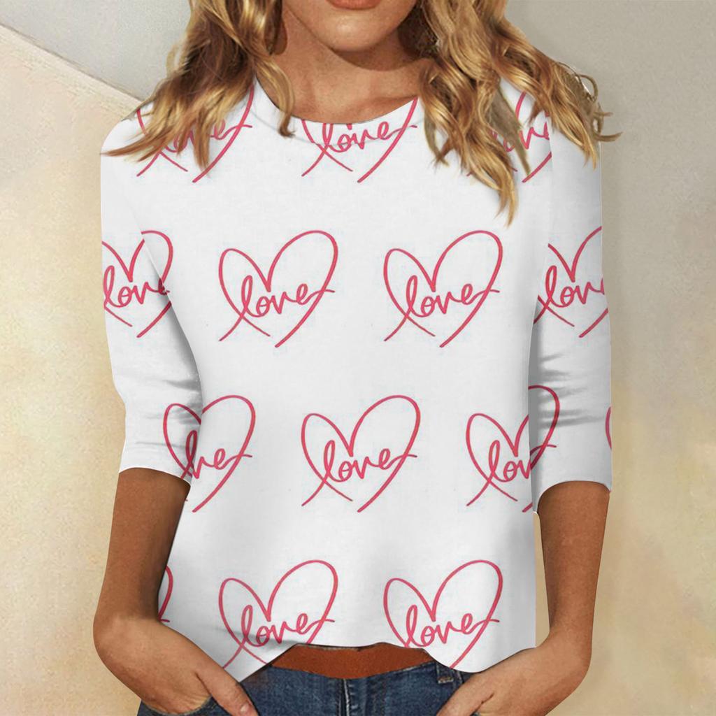 Damski top z nadrukiem walentynkowym, modny, casualowy, z rękawem 3/4 i okrągłym dekoltem