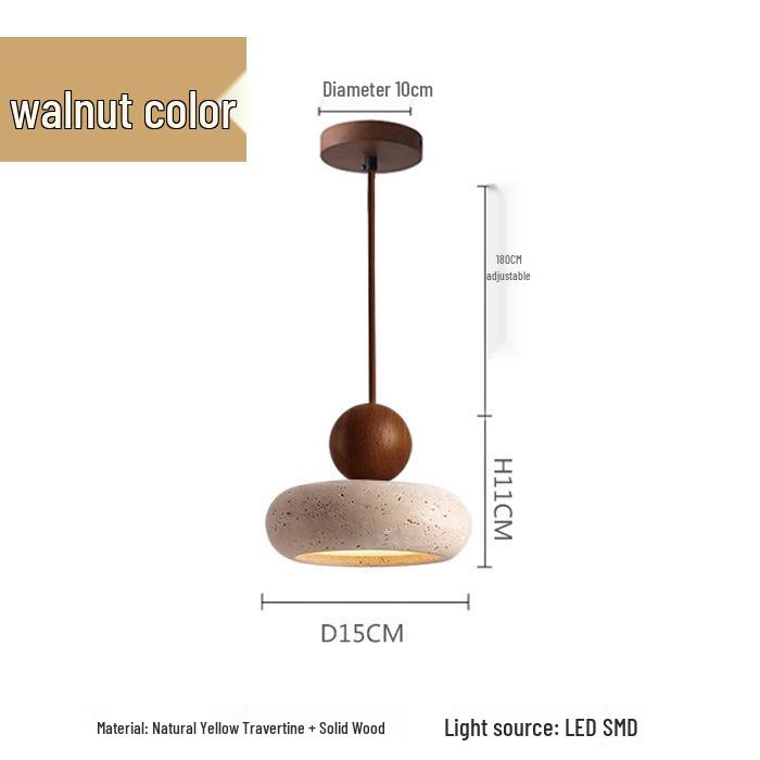 Retro Wabi-Sabi Yellow Travertine Pendant Light - Small Bedside Lamp for B&B or Bar, Solid Wood Round Ball Design
