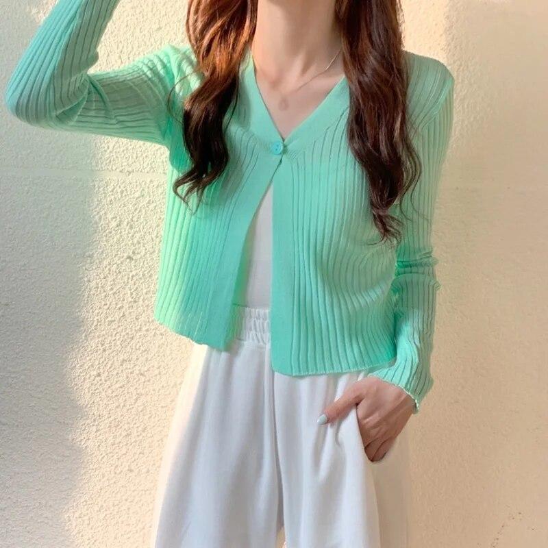 Dámské jednobarevné zapínání na knoflíky s dlouhými rukávy, dámský pletený kardigan