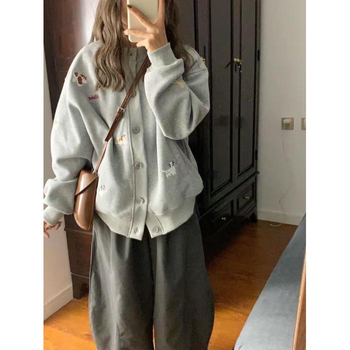 Cartoon Puppy Embroidered Stand Collar Unisex Cardigan Jacket - Autumn/Winter Style