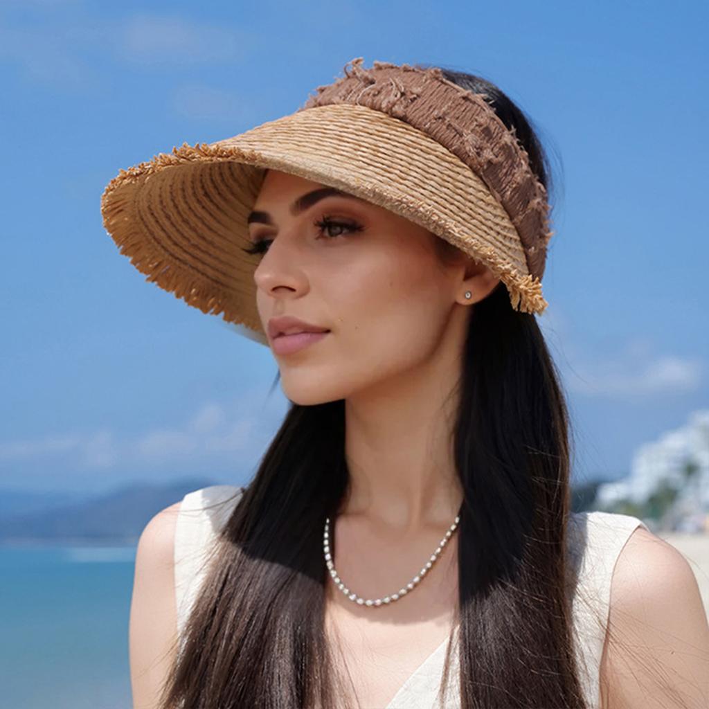Women Straw Visor Hat Summer UV Protection Open Top Sun Hat Frayed Trim Beach Caps for Sports Golf Hiking Travel