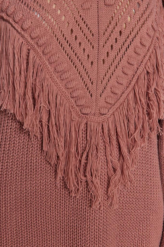 Women's Fashionable Stylish Hijab Sweater Dusty Rose Openwork and Tassel Detailed Tiko Thessaloniki Knitted Sweater