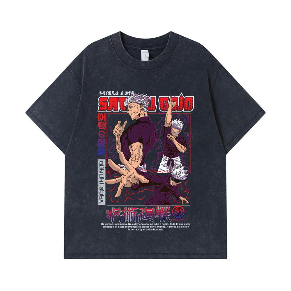 275 GSM Washed T-shirts 100% Cotton Jujutsu Kaisen V25 Gojo Print Unisex Heavy Cotton T Shirt