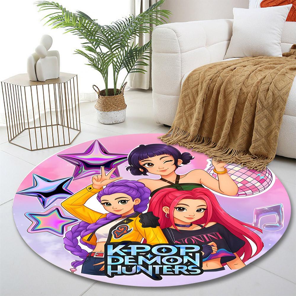 K-pop Demon Hunters Cartoon Print Print Round Rug, Living Room, Bedroom, Playroom Carpet, Non Slip Floor Mat, Gift