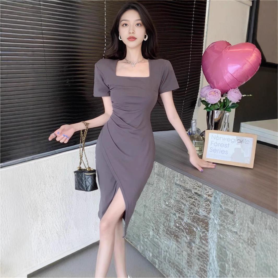 

2025 Solid Color High Waist Slimming Square Neck Midi Dress with Slit XXXL серый