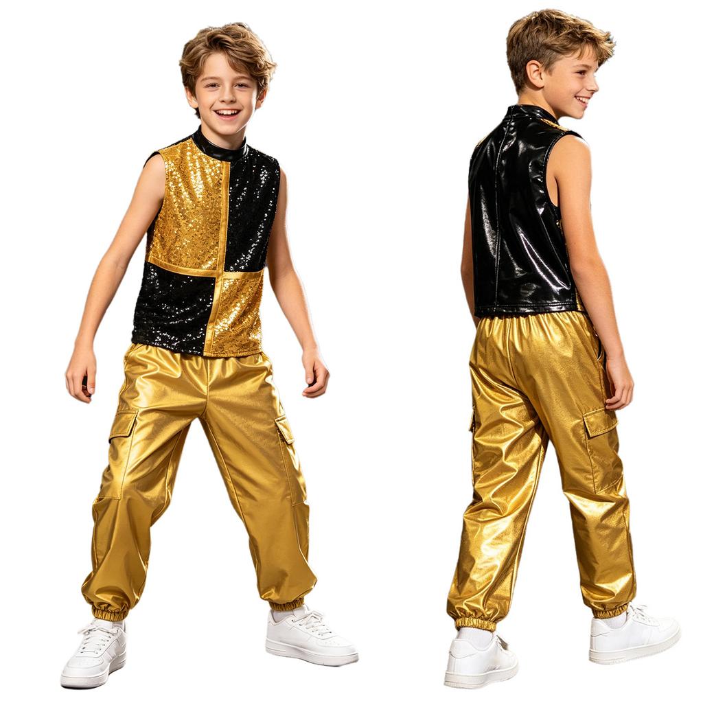 Boys Metallic Jazz Dance Costume Mock Neck Sleeveless Back Zipper Shiny Sequins Color Block Top Cargo Pants