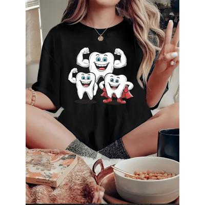 Women's Creative Healthy Teeth Print T-Shirt Casual Crew Neck Short Sleeve All-Season Top