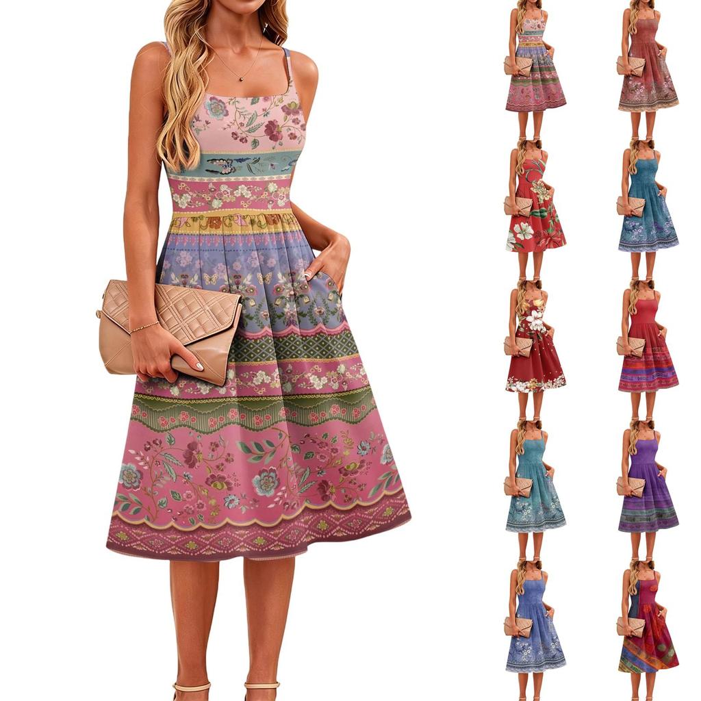 Women Sleeveless Adjustable Strap Dress Casual Floral Print Midi Dress with Pockets Summer Fashion Sundress