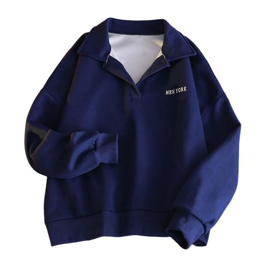 Women Autumn Spring Sweatshirt Turn-down Collar Loose Long Sleeves Pure Color Thin