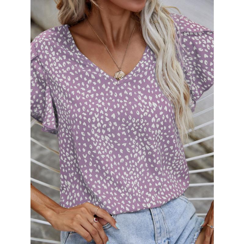 

Стильная и элегантная женская рубашка с небольшим V-образным вырезом, коротким рукавом, лепестковым рукавом, плиссированным кружевом, принтом во весь рост, тканая, повседневная 8XL